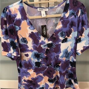 White House Black Market Purple & Peach Floral V-Neck Top